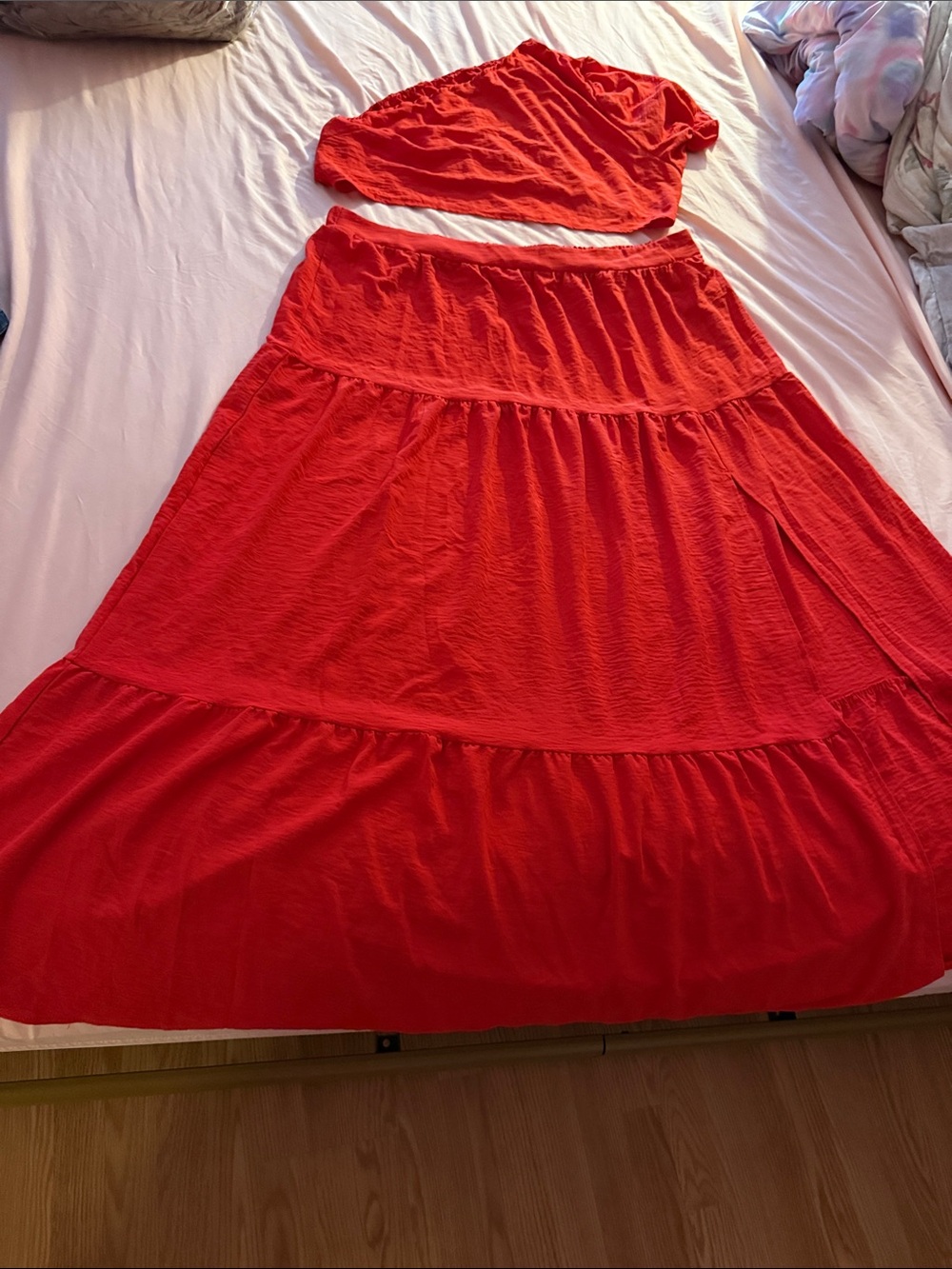 SHEIN Bright Red Tiered Maxi Skirt and top.